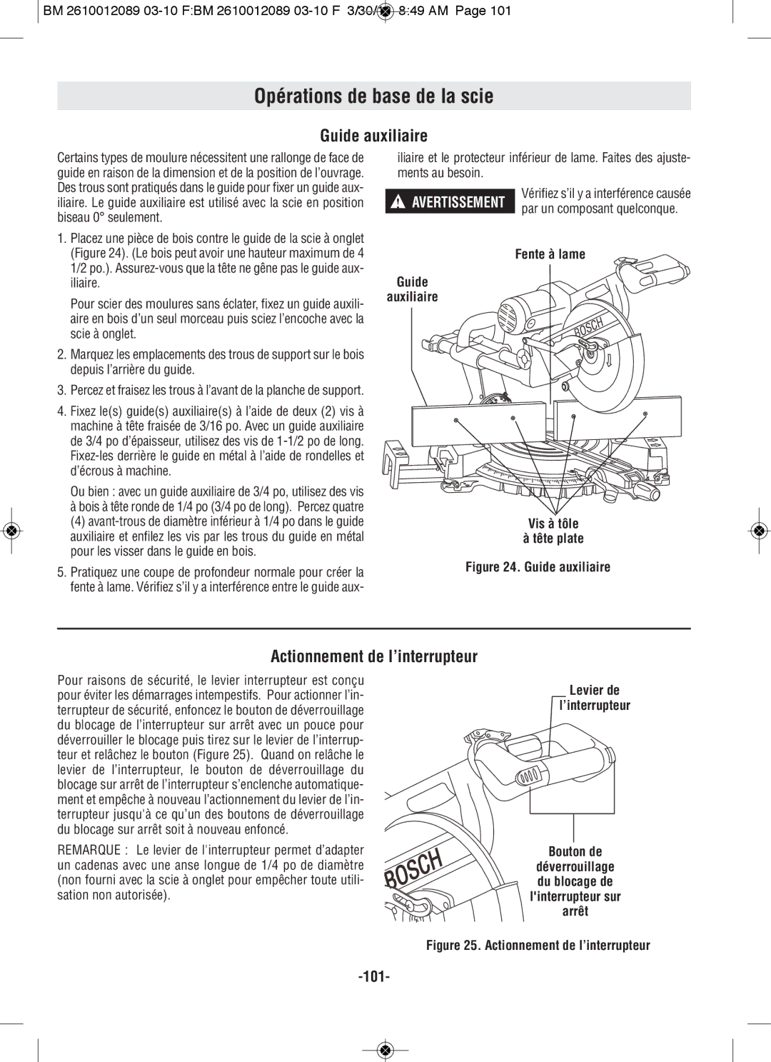 Bosch Power Tools 4310, 4410 manual Guide auxiliaire, Actionnement de l’interrupteur 