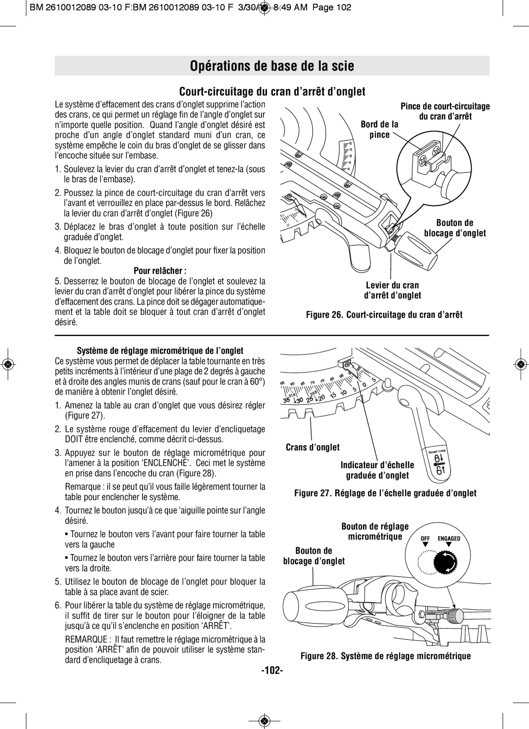 Bosch Power Tools 4410, 4310 manual Court-circuitage du cran d’arrêt d’onglet 