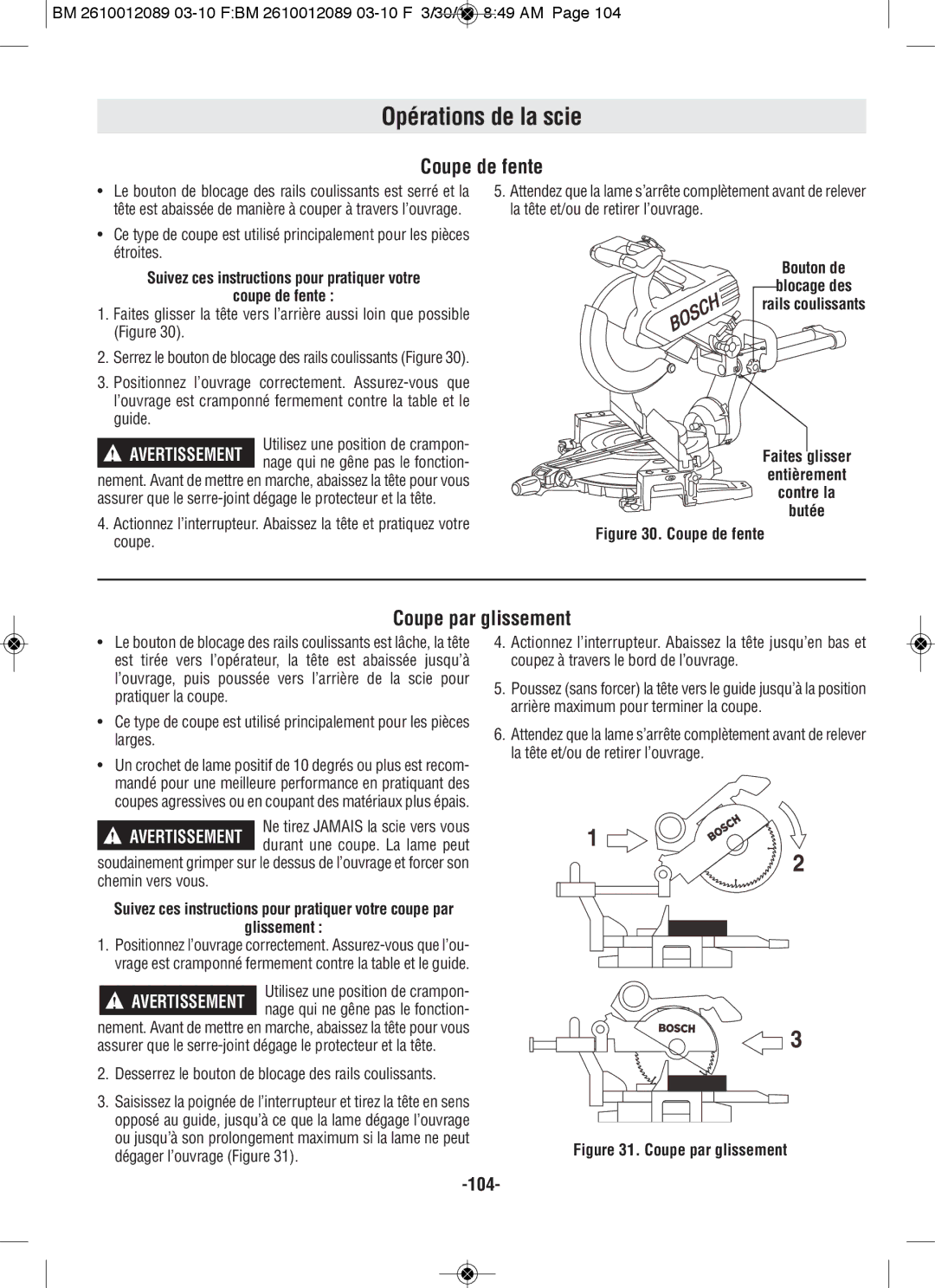 Bosch Power Tools 4410, 4310 manual Opérations de la scie, Coupe de fente, Coupe par glissement, Glissement 