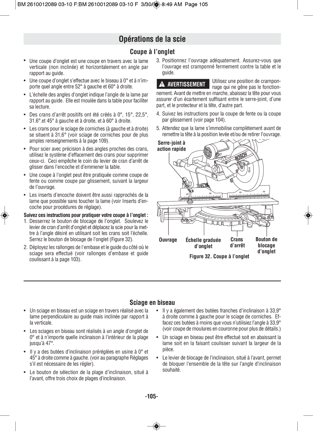 Bosch Power Tools 4310, 4410 manual Coupe à l’onglet, Sciage en biseau, Crans, ’arrêt 