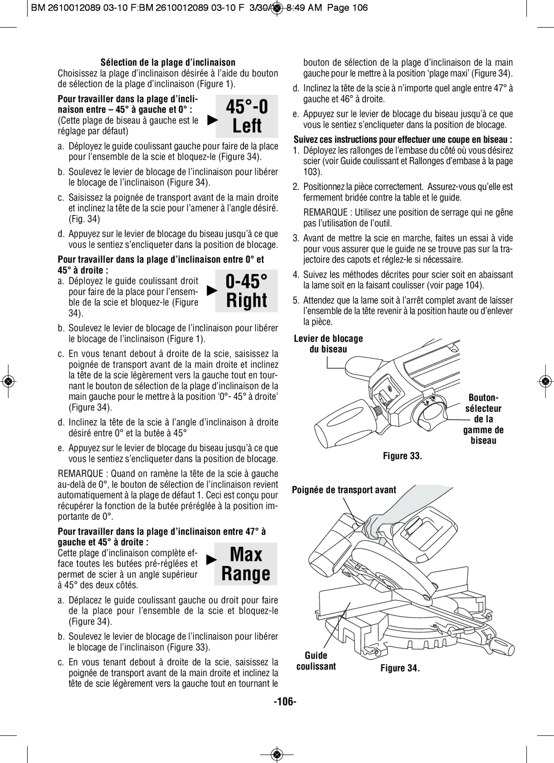 Bosch Power Tools 4410 Sélection de la plage d’inclinaison, Réglage par défaut, Cette plage d’inclinaison complète ef 