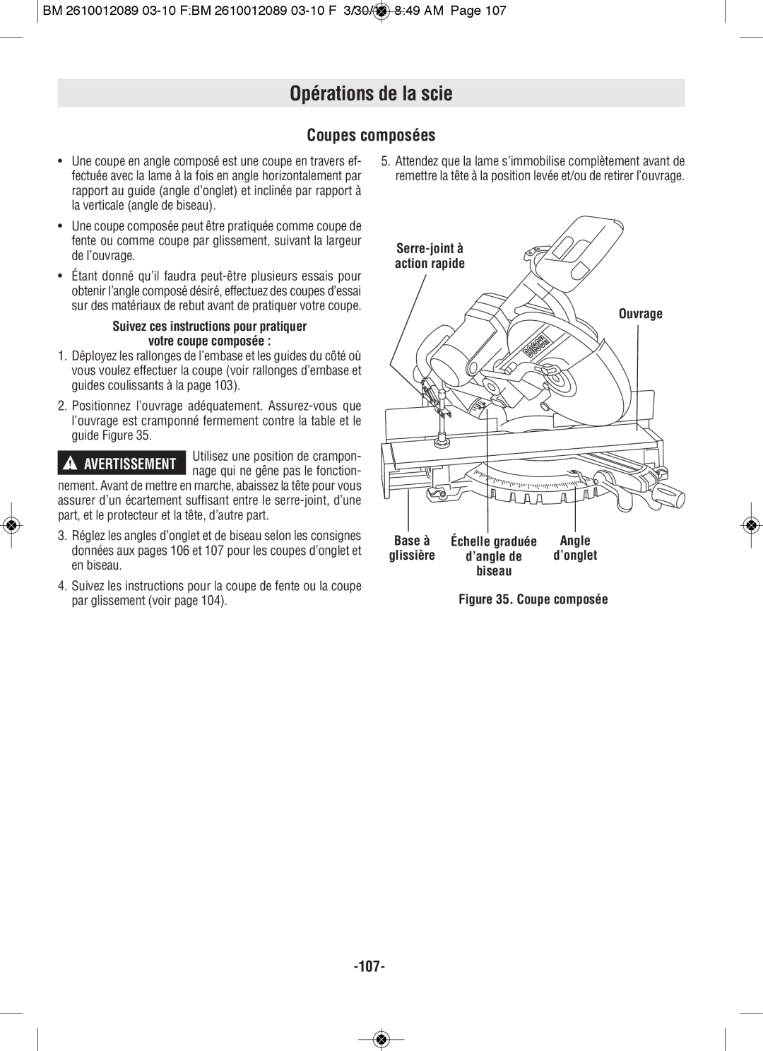 Bosch Power Tools 4310, 4410 manual Coupes composées, Suivez ces instructions pour pratiquer Votre coupe composée 