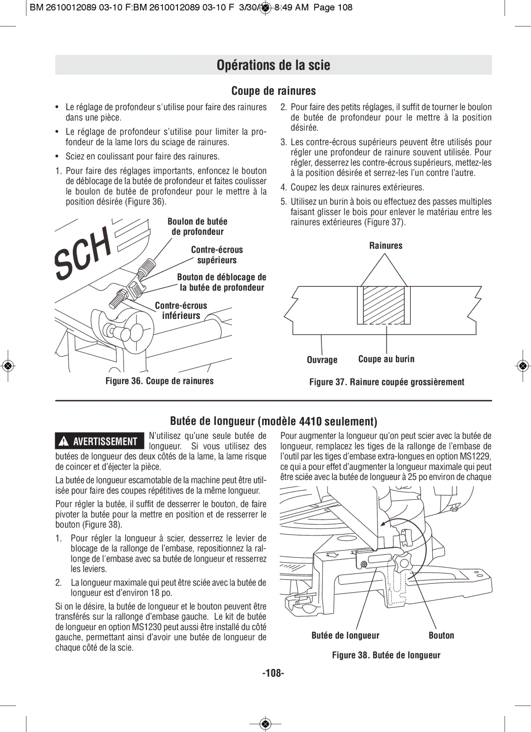 Bosch Power Tools 4310 manual Coupe de rainures, Butée de longueur modèle 4410 seulement 