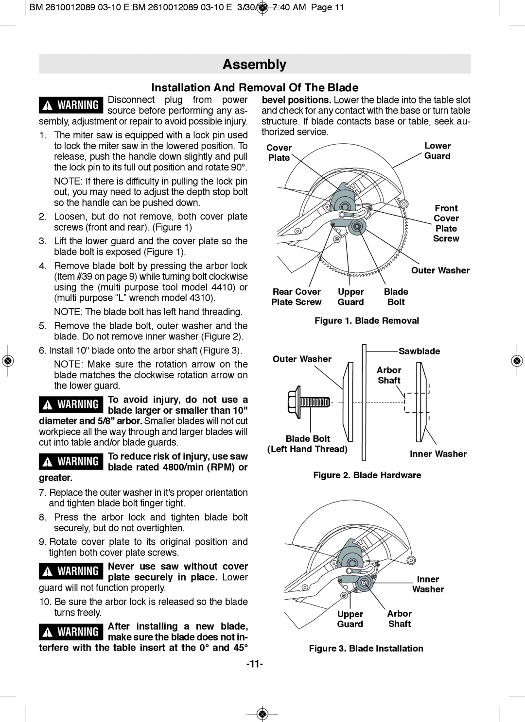 Bosch Power Tools 4310, 4410 manual Installation And Removal Of The Blade 