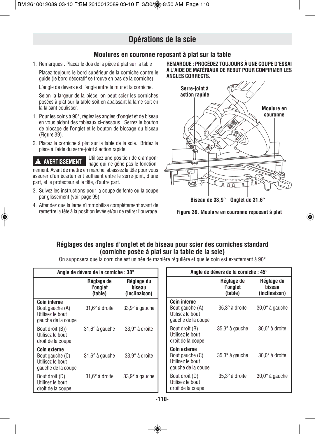 Bosch Power Tools 4410 Moulures en couronne reposant à plat sur la table, Angle de dévers de la corniche, Coin interne 