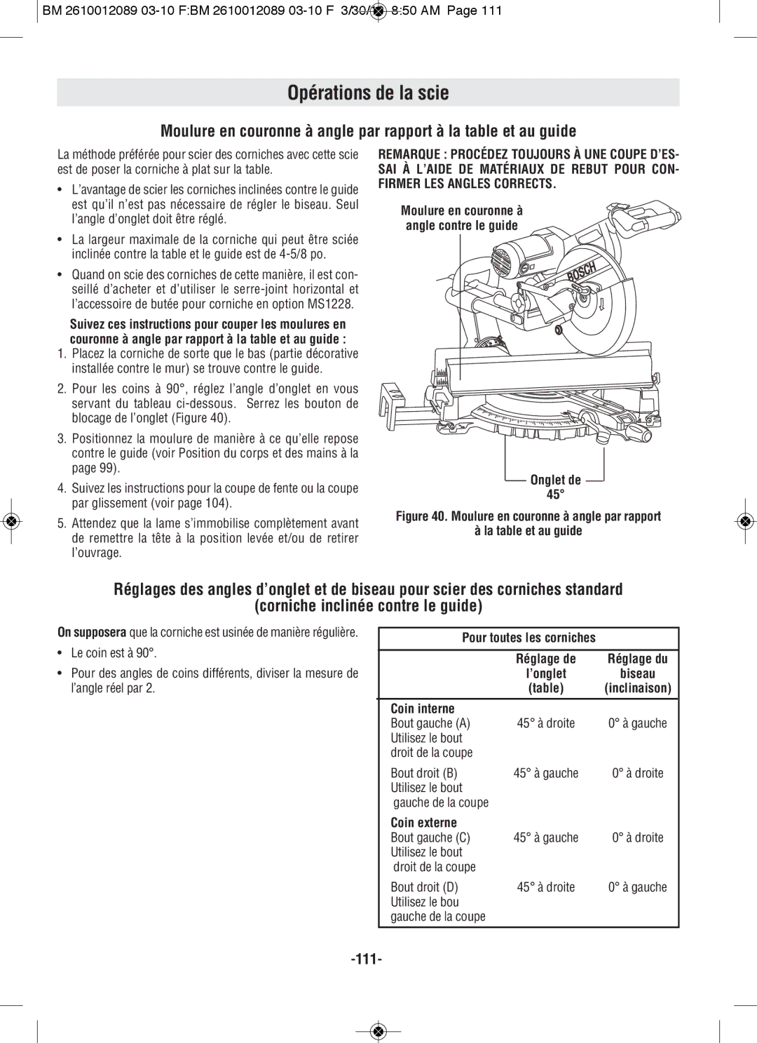 Bosch Power Tools 4310, 4410 manual Onglet de, Pour toutes les corniches 