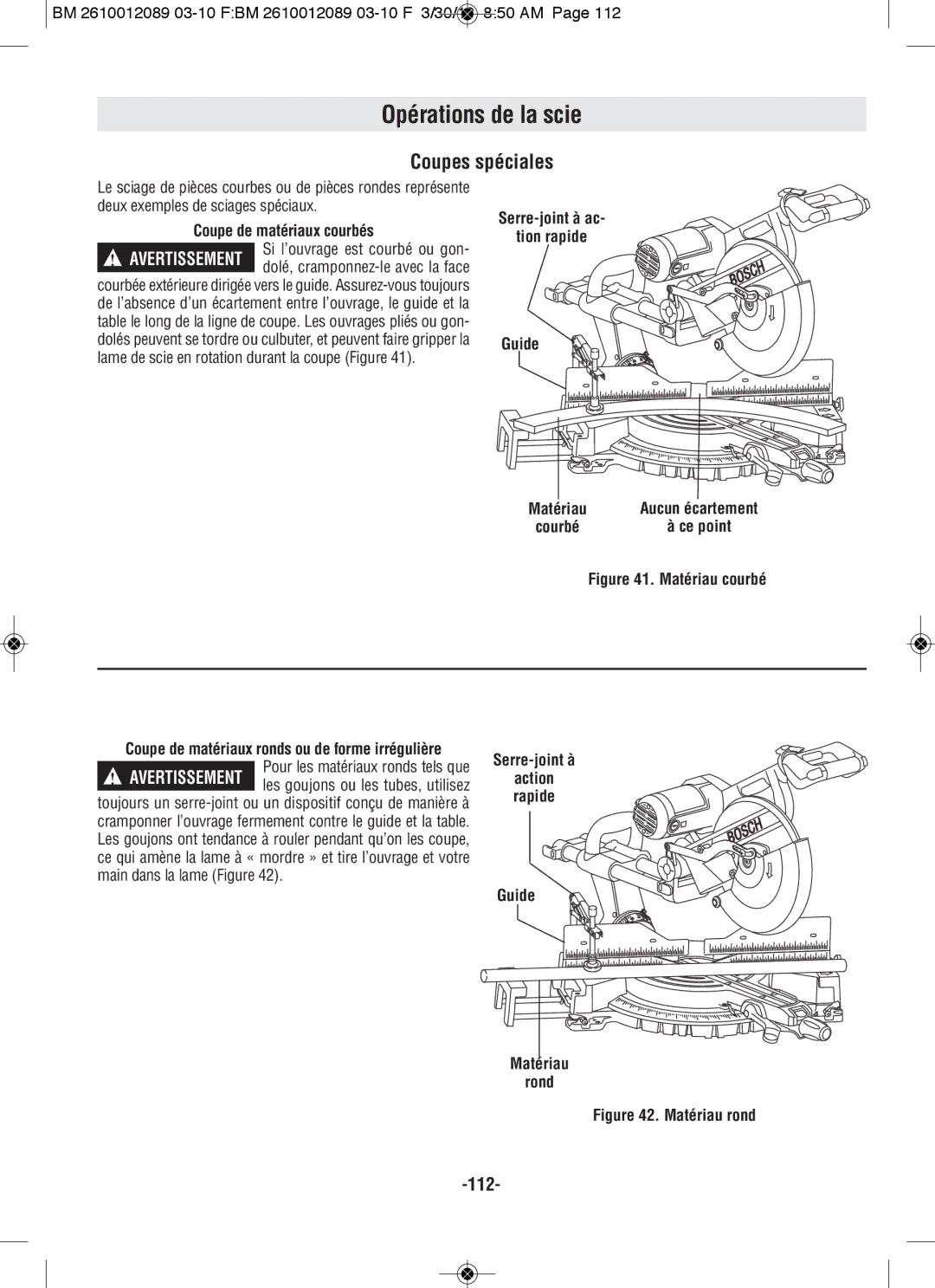 Bosch Power Tools 4410, 4310 manual Coupes spéciales, Coupe de matériaux courbés, Serre-joint à ac Tion rapide Guide 