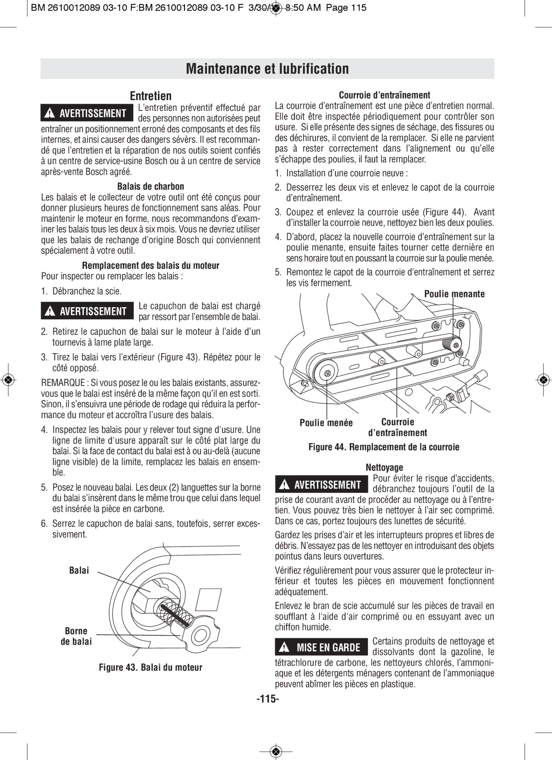 Bosch Power Tools 4310, 4410 manual Maintenance et lubrification, Entretien 