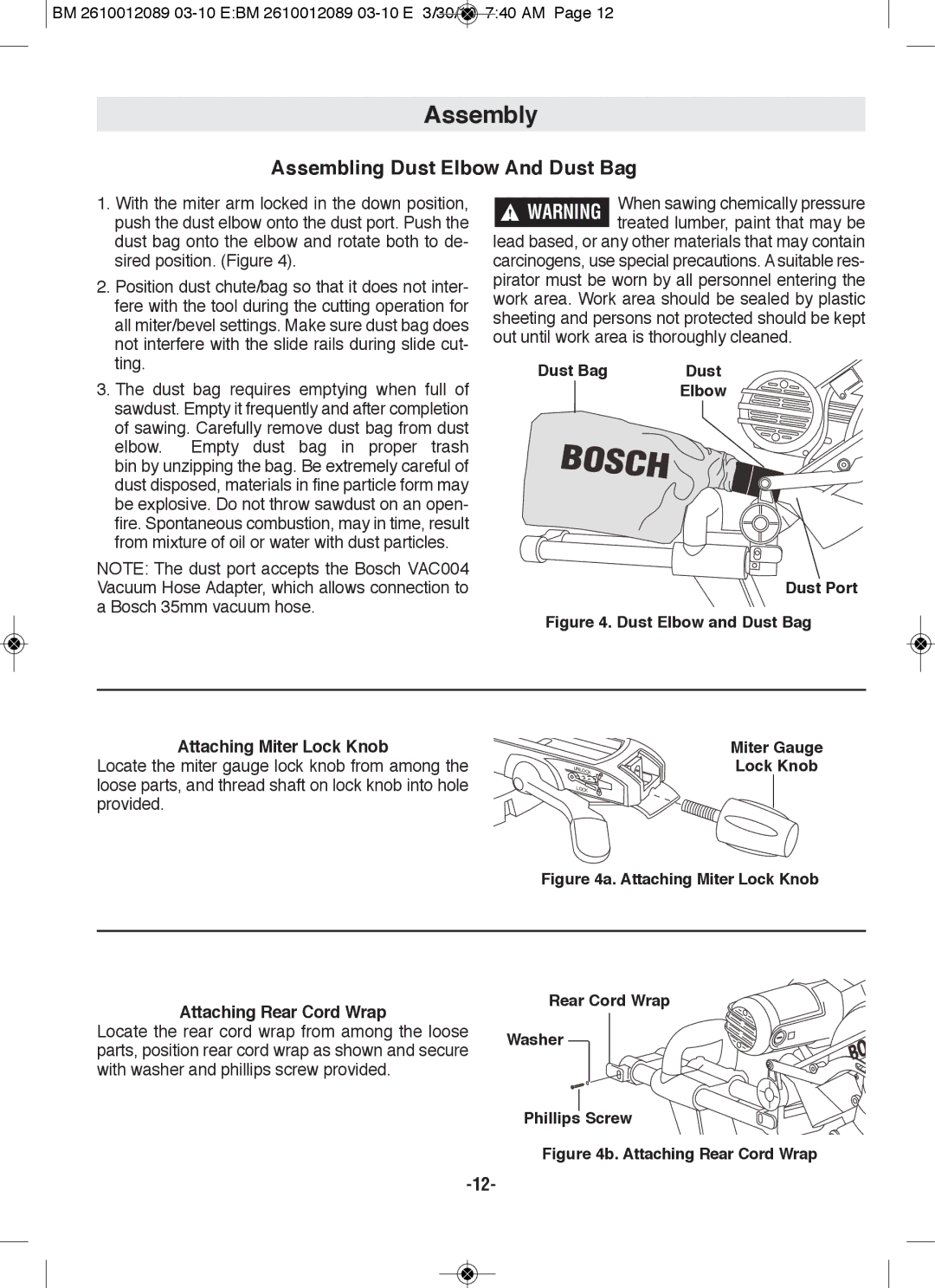 Bosch Power Tools 4410 Assembling Dust Elbow And Dust Bag, Dust port, Lock Knob, Rear Cord Wrap Washer Phillips Screw 