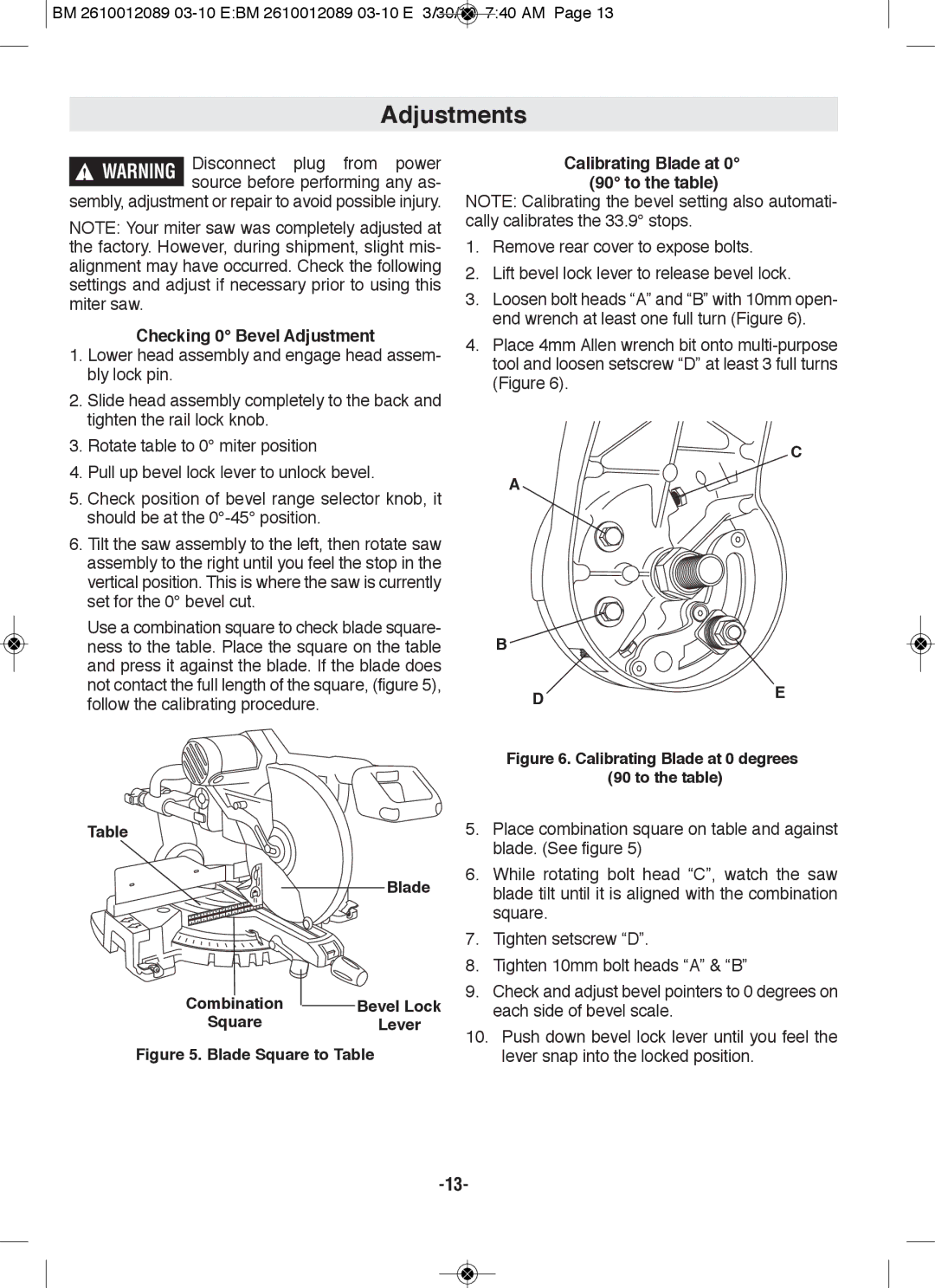 Bosch Power Tools 4310 Adjustments, Sembly, adjustment or repair to avoid possible injury, Checking 0 Bevel Adjustment 