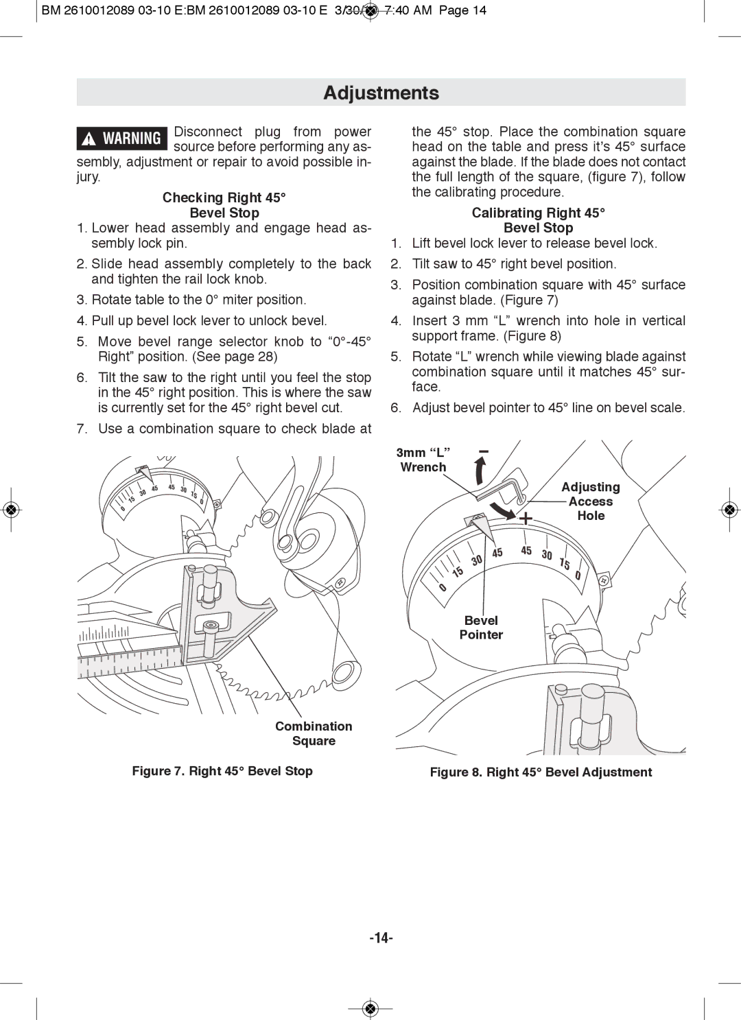 Bosch Power Tools 4410, 4310 manual Sembly, adjustment or repair to avoid possible in- jury, Checking Right Bevel Stop 