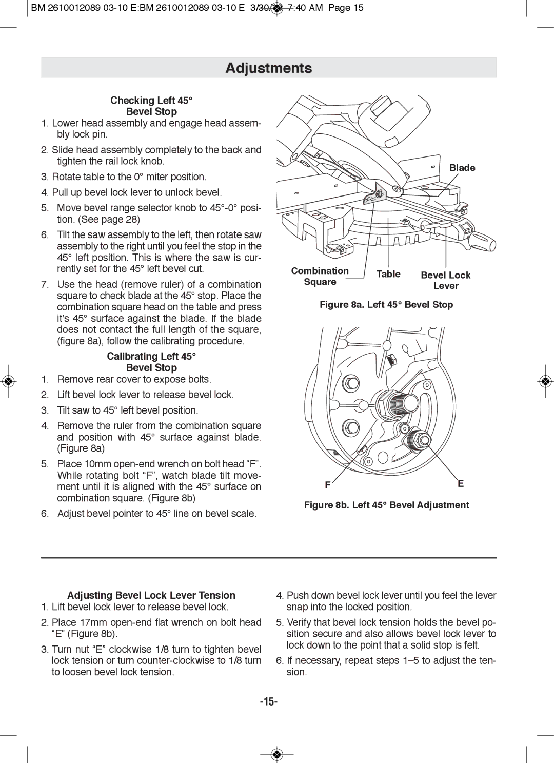 Bosch Power Tools 4310, 4410 manual Checking left Bevel Stop, Calibrating left Bevel Stop 