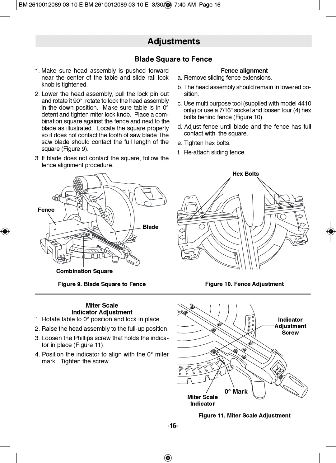 Bosch Power Tools 4410, 4310 manual Blade Square to fence, Fence Blade Combination Square, Hex Bolts 