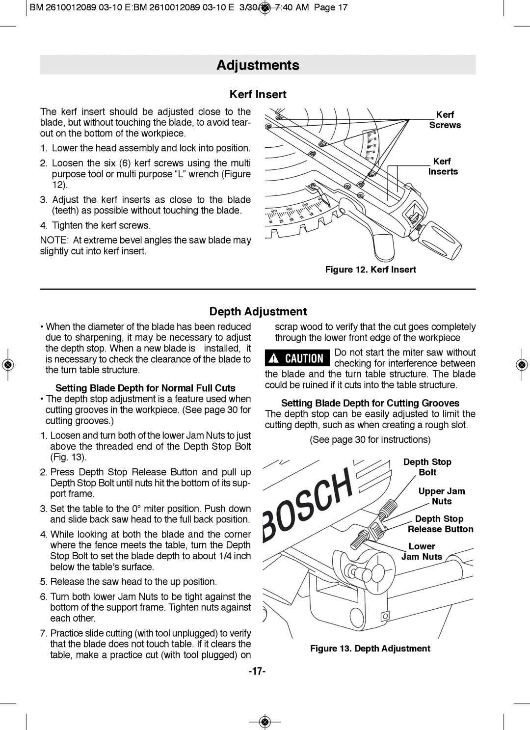 Bosch Power Tools 4310, 4410 manual Kerf Insert, Depth Adjustment, Setting Blade Depth for Normal full Cuts 