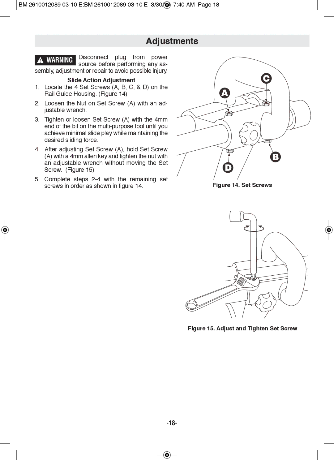 Bosch Power Tools 4410, 4310 manual Slide Action Adjustment, Screws in order as shown in figure 