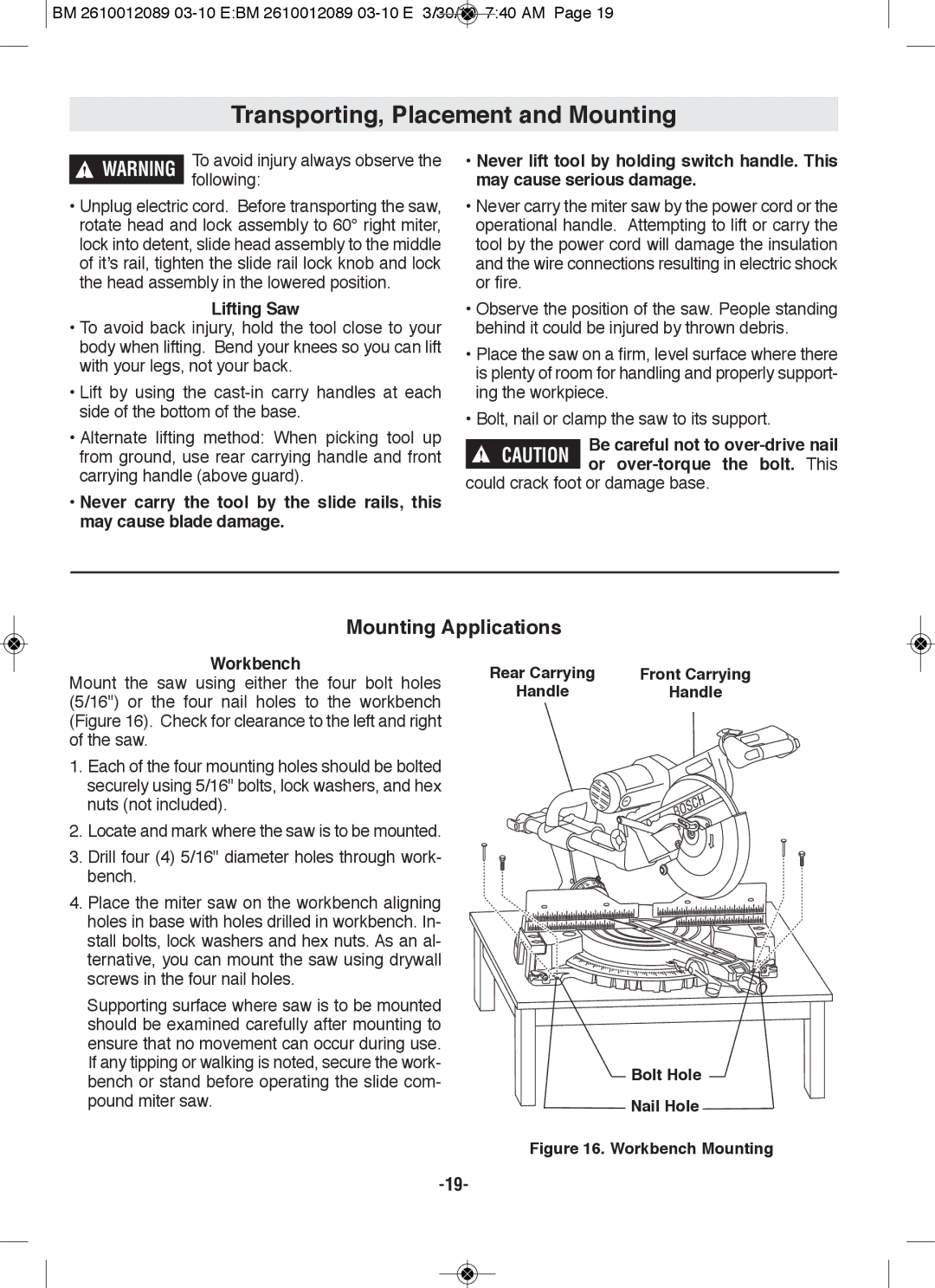 Bosch Power Tools 4310, 4410 manual Transporting, placement and Mounting, Mounting Applications 