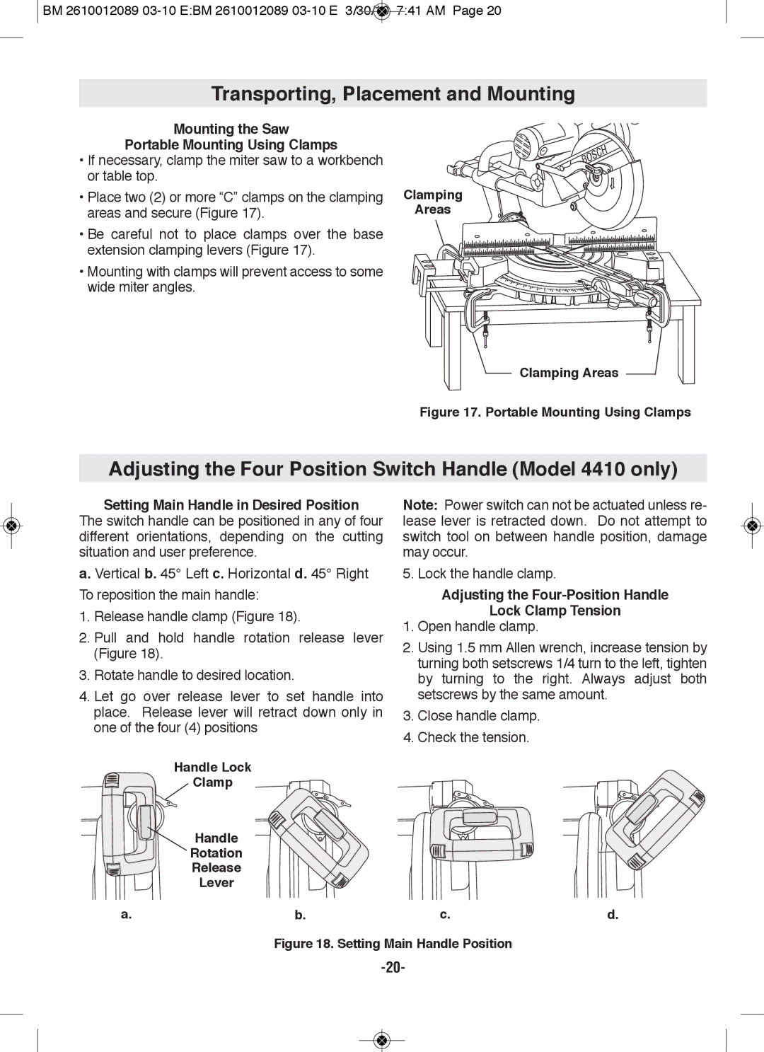 Bosch Power Tools 4310 manual Adjusting the four position Switch Handle Model 4410 only 