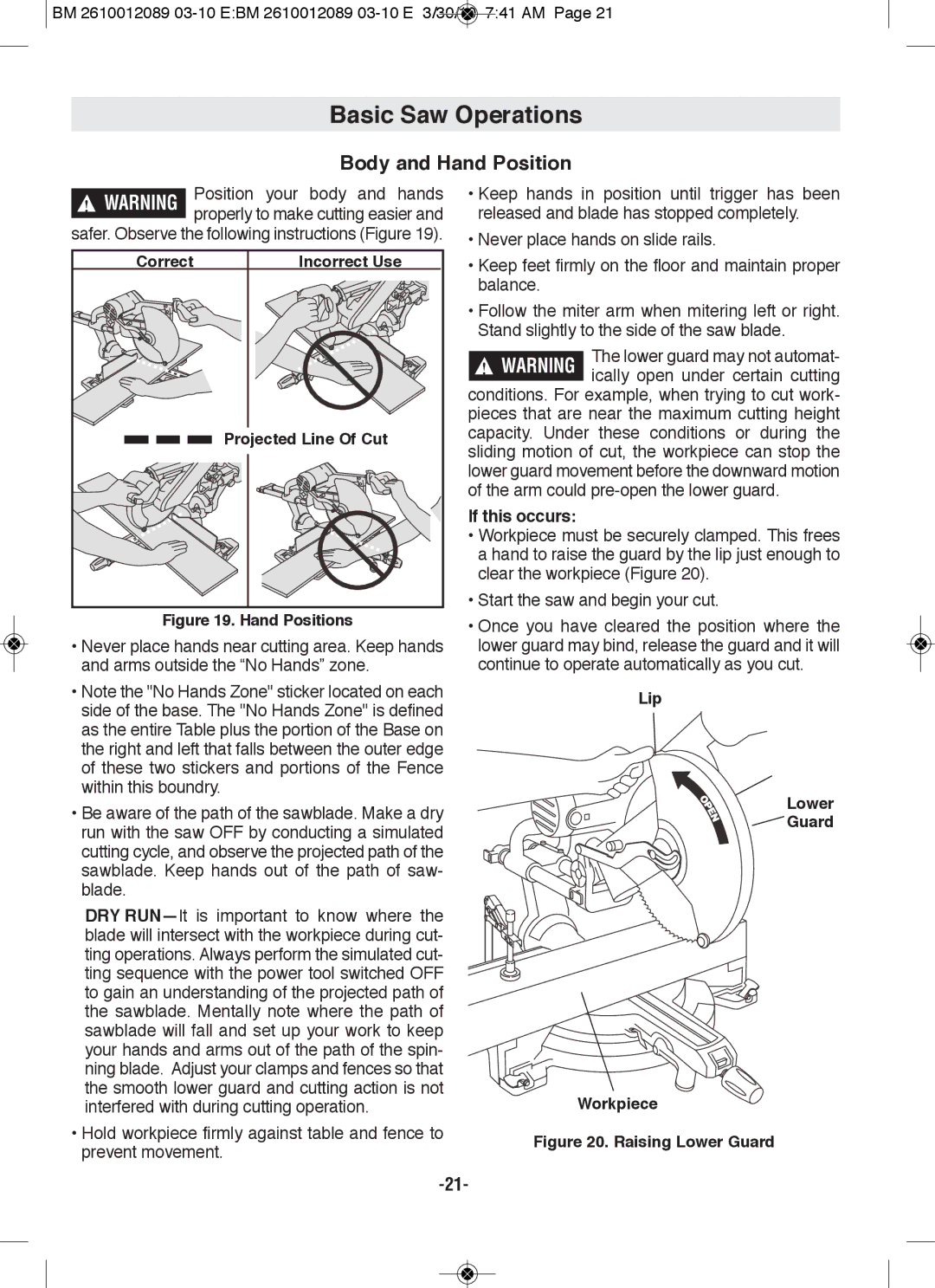 Bosch Power Tools 4310, 4410 manual Basic Saw Operations, Body and Hand position 