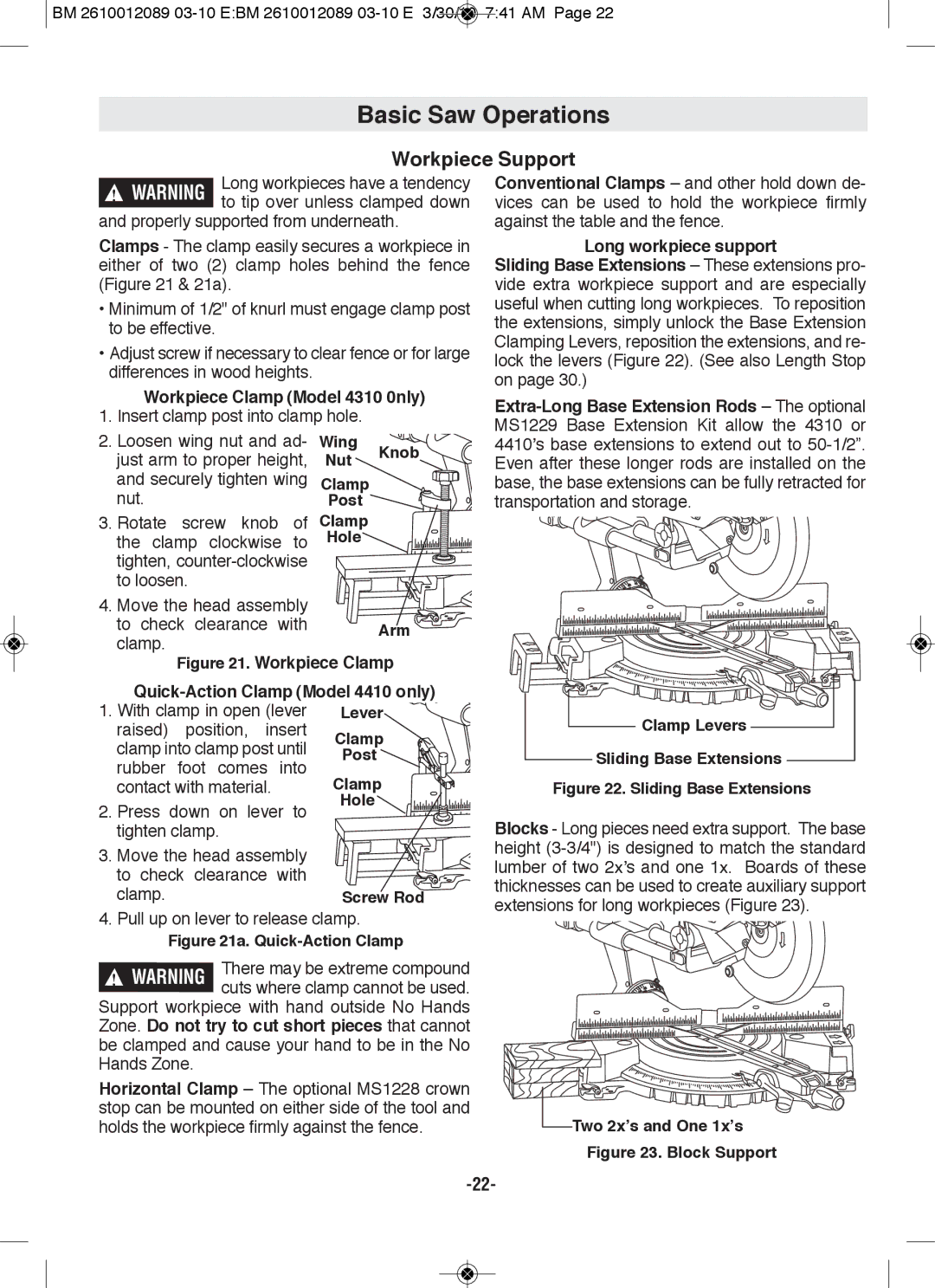 Bosch Power Tools 4410, 4310 manual Workpiece Support, Move the head assembly to check clearance with clamp, Clamp levers 