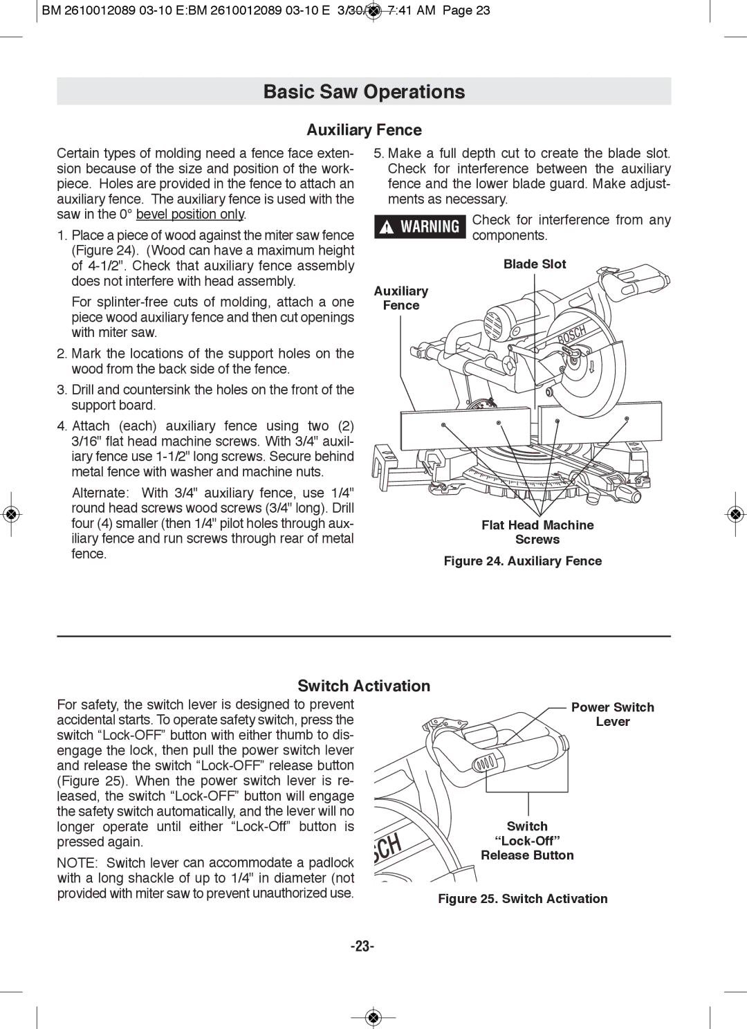 Bosch Power Tools 4310, 4410 manual Auxiliary fence, Switch Activation 