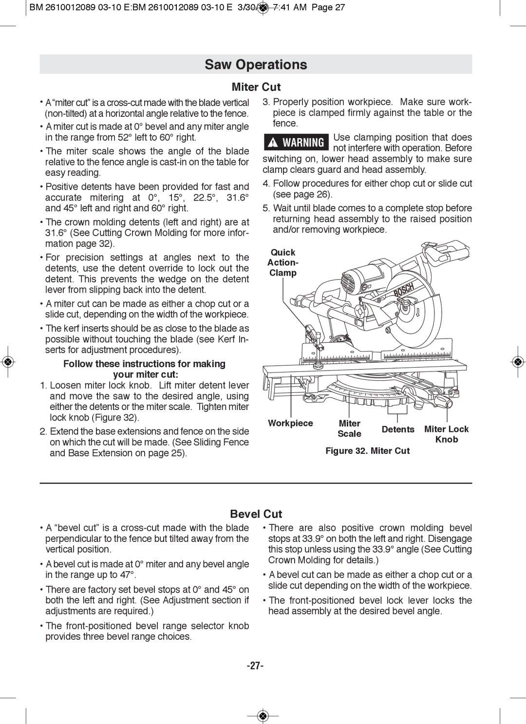 Bosch Power Tools 4310, 4410 manual Miter Cut, Bevel Cut, Follow these instructions for making your miter cut, Scale 