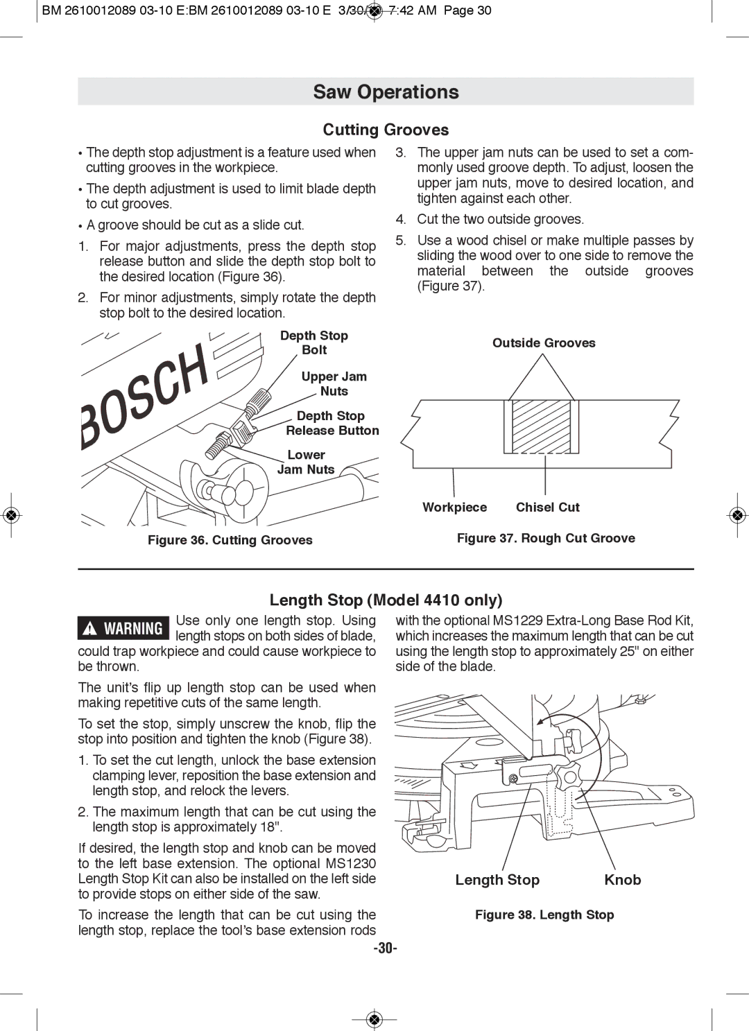 Bosch Power Tools 4310 manual Cutting Grooves, Length Stop Model 4410 only, Outside Grooves Workpiece Chisel Cut 