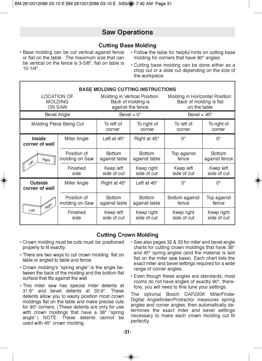 Bosch Power Tools 4310, 4410 manual Cutting Base Molding, Cutting Crown Molding 
