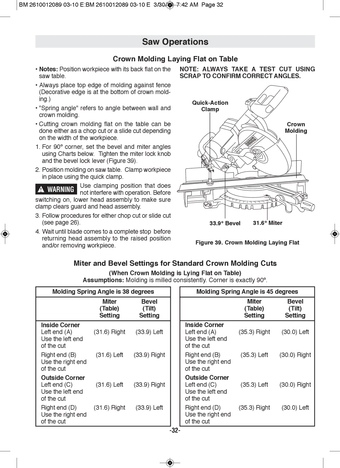 Bosch Power Tools 4410, 4310 Crown Molding laying flat on Table, Miter and Bevel Settings for Standard Crown Molding Cuts 