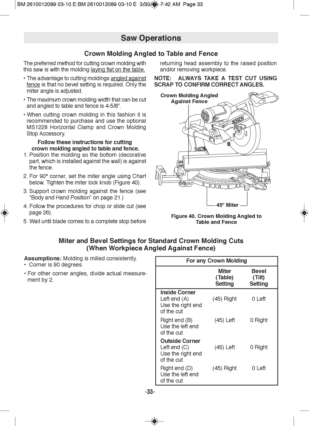 Bosch Power Tools 4310, 4410 manual Crown Molding Angled to Table and fence, Crown Molding Angled Against fence 45º Miter 