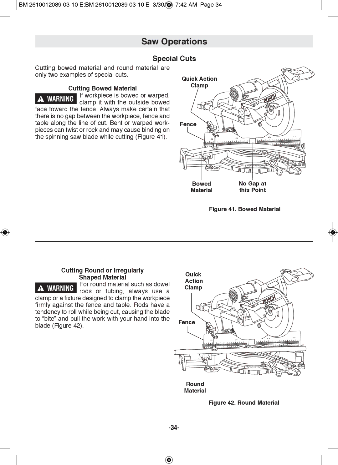 Bosch Power Tools 4410, 4310 manual Special Cuts, Cutting Bowed Material, Quick Action Clamp Fence, No Gap at 