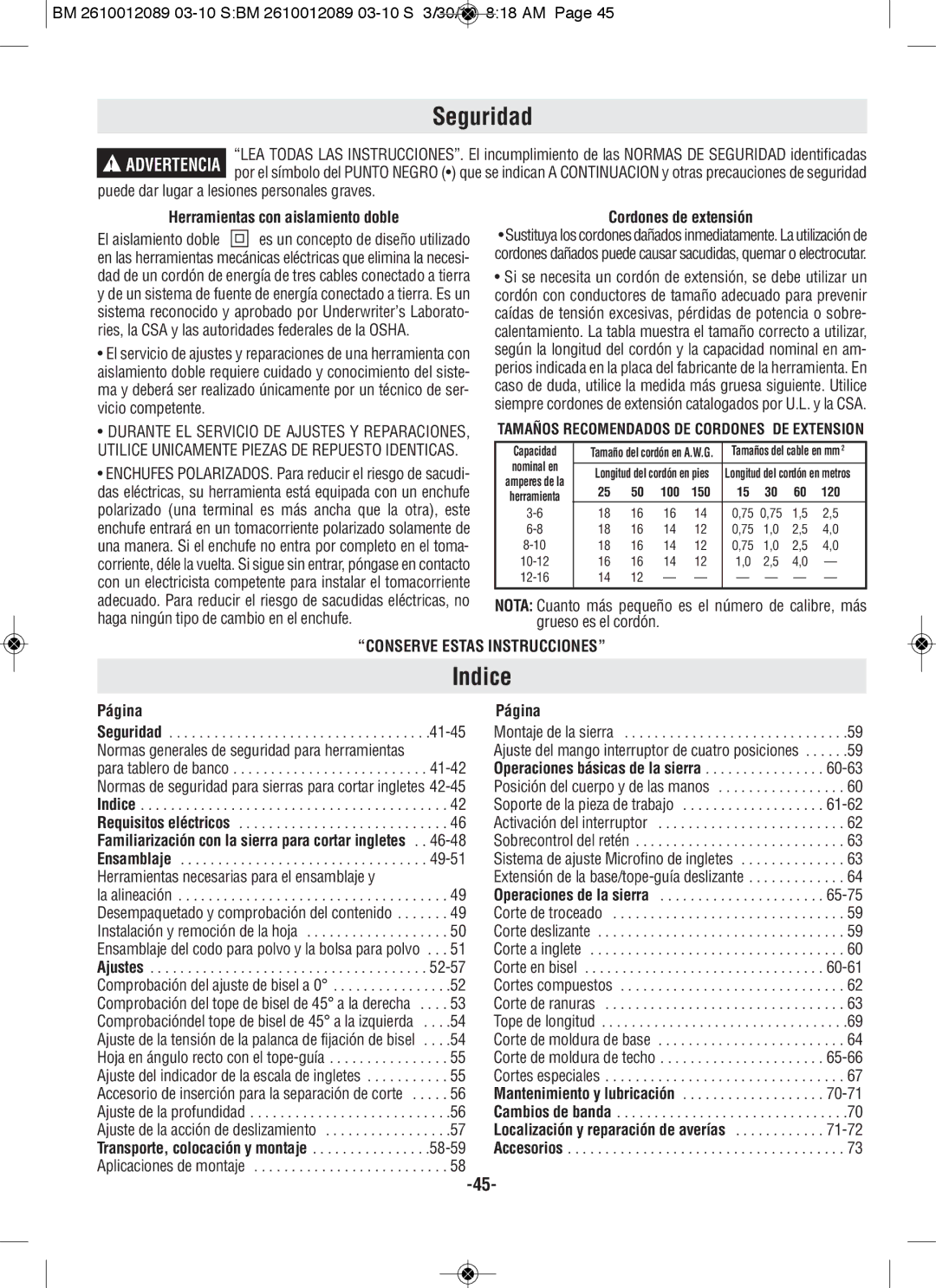 Bosch Power Tools 4310 Indice, Puede dar lugar a lesiones personales graves, Herramientas con aislamiento doble, Página 