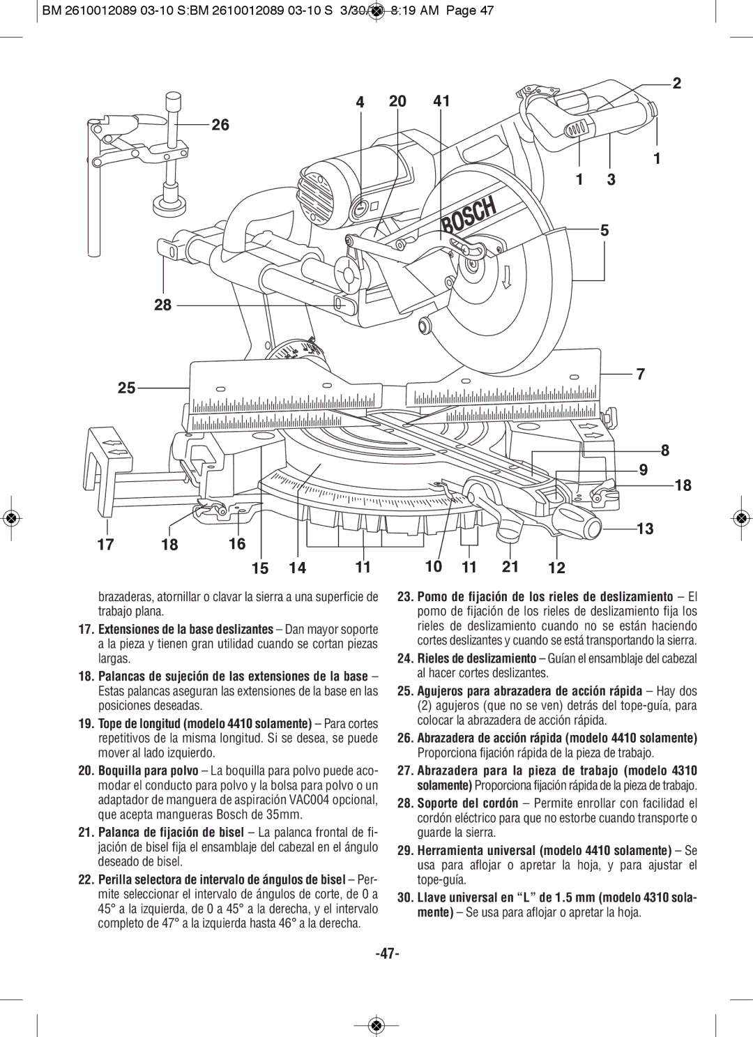 Bosch Power Tools 4310, 4410 manual 17 18 11 10 11 21, BM 2610012089 03-10 SBM 2610012089 03-10 S 3/30/10 819 AM 