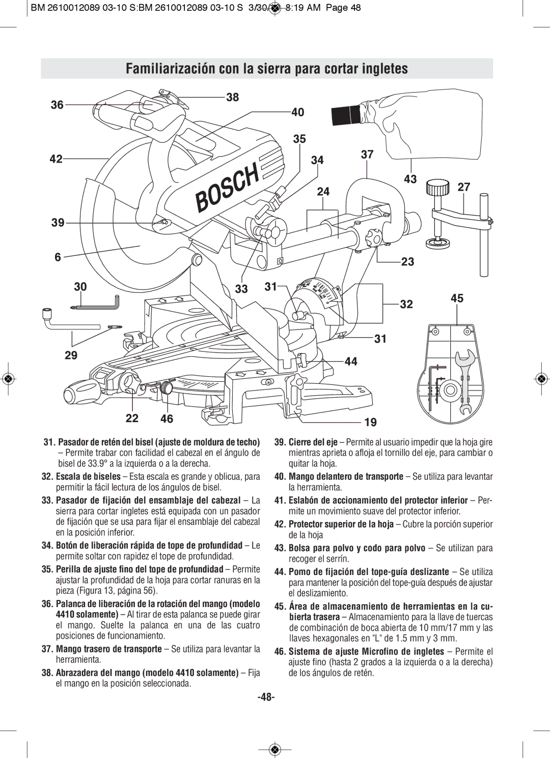 Bosch Power Tools 4410, 4310 manual Familiarización con la sierra para cortar ingletes 