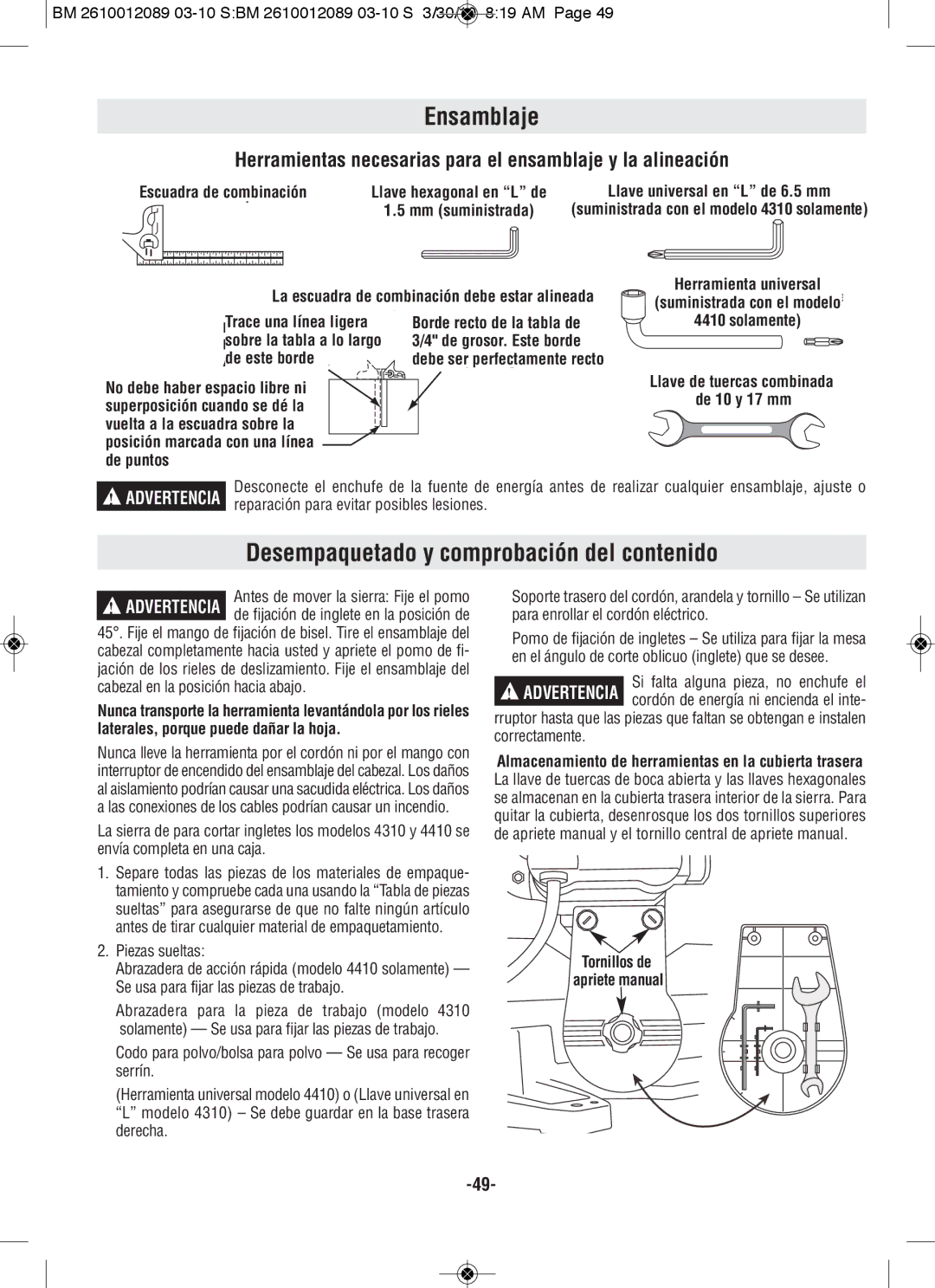 Bosch Power Tools 4310, 4410 manual Ensamblaje, Desempaquetado y comprobación del contenido 