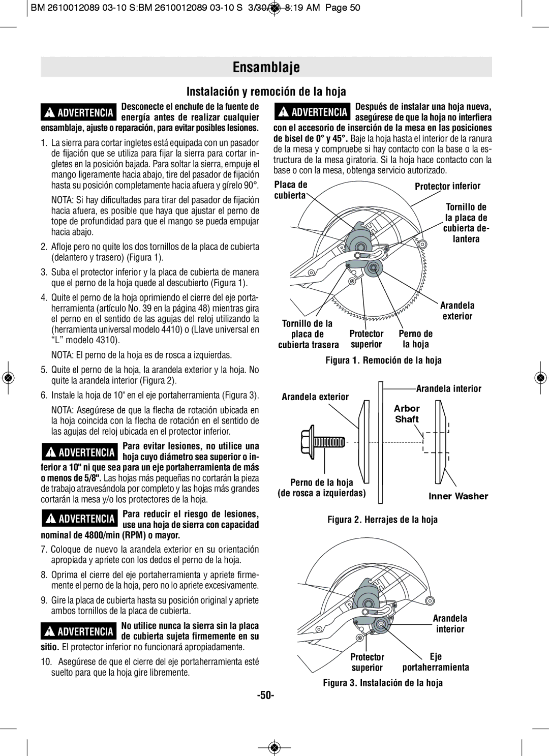 Bosch Power Tools 4410, 4310 manual Instalación y remoción de la hoja 