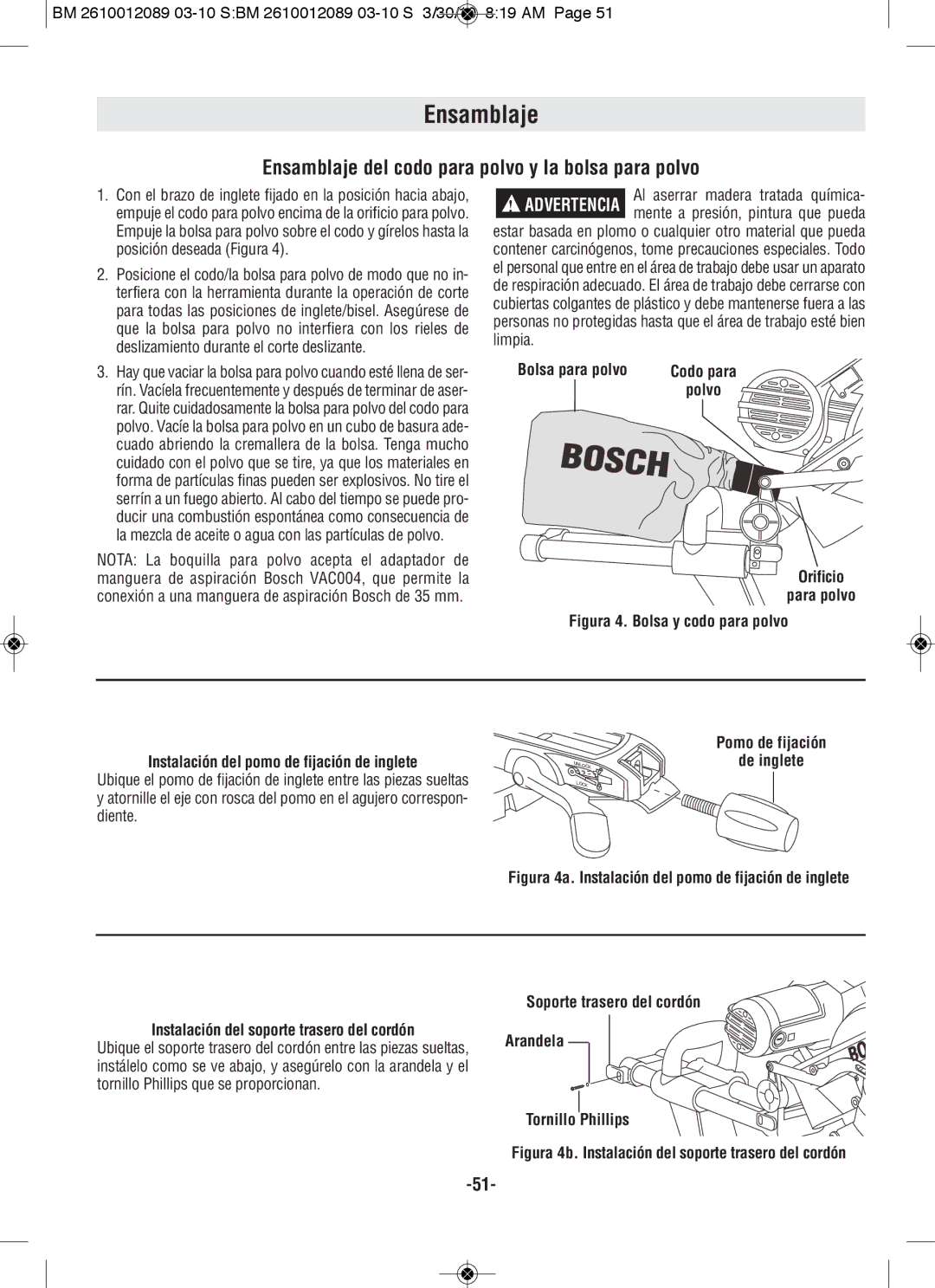 Bosch Power Tools 4310, 4410 manual Ensamblaje del codo para polvo y la bolsa para polvo 