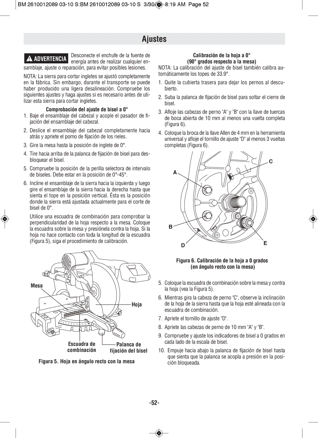 Bosch Power Tools 4410, 4310 manual Ajustes, Comprobación del ajuste de bisel a, Mesa Hoja 