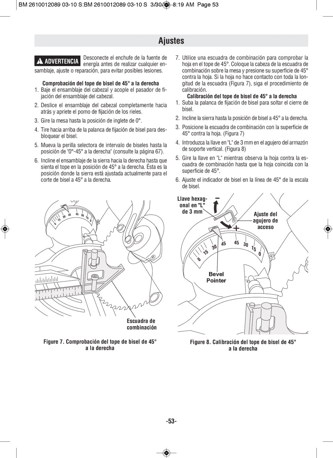 Bosch Power Tools 4310, 4410 manual Calibración del tope de bisel de 45 a la derecha, Bevel Pointer 