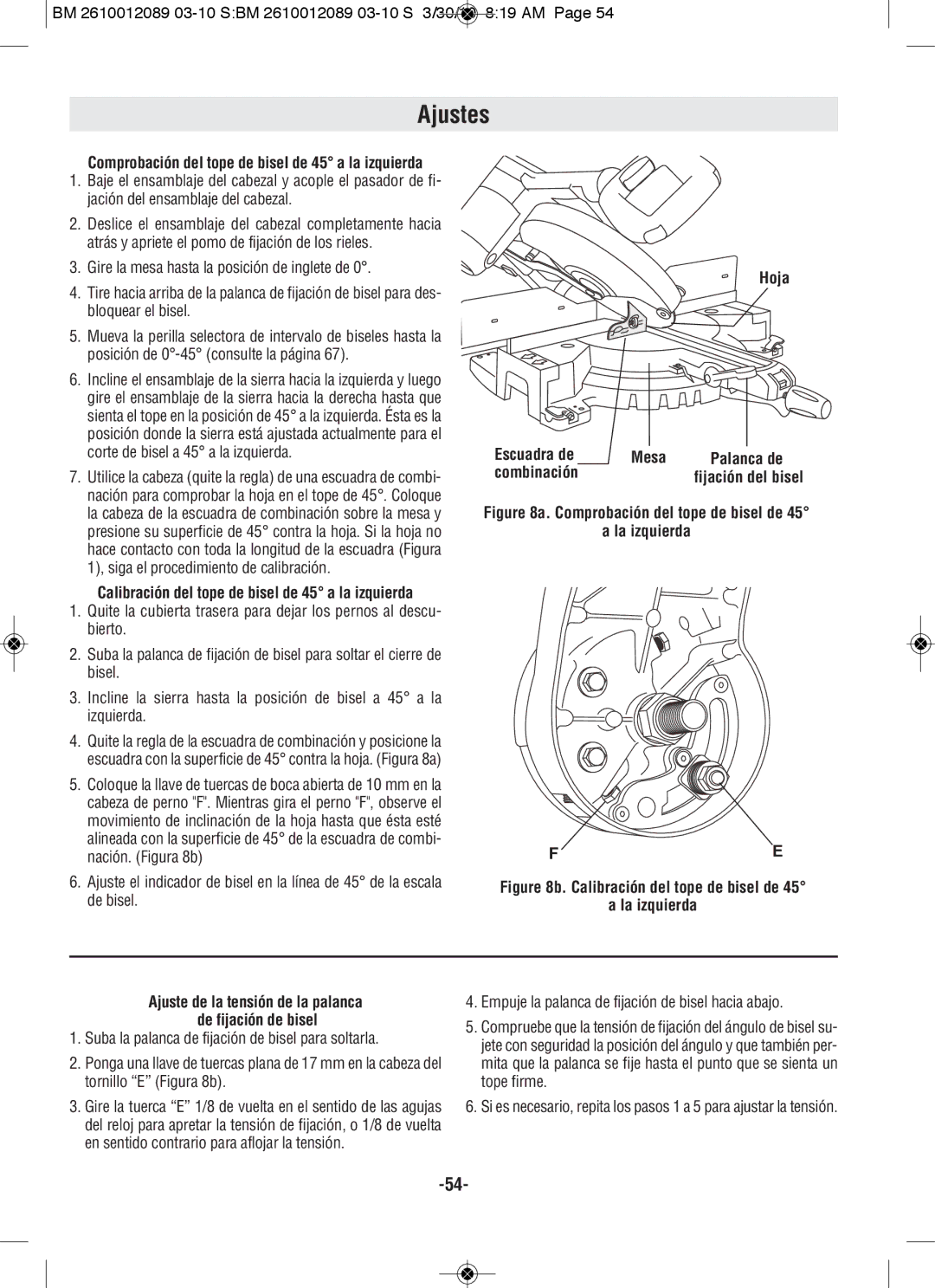 Bosch Power Tools 4410, 4310 Hoja Escuadra de Mesa Palanca de Combinación, Comprobación del tope de bisel de La izquierda 