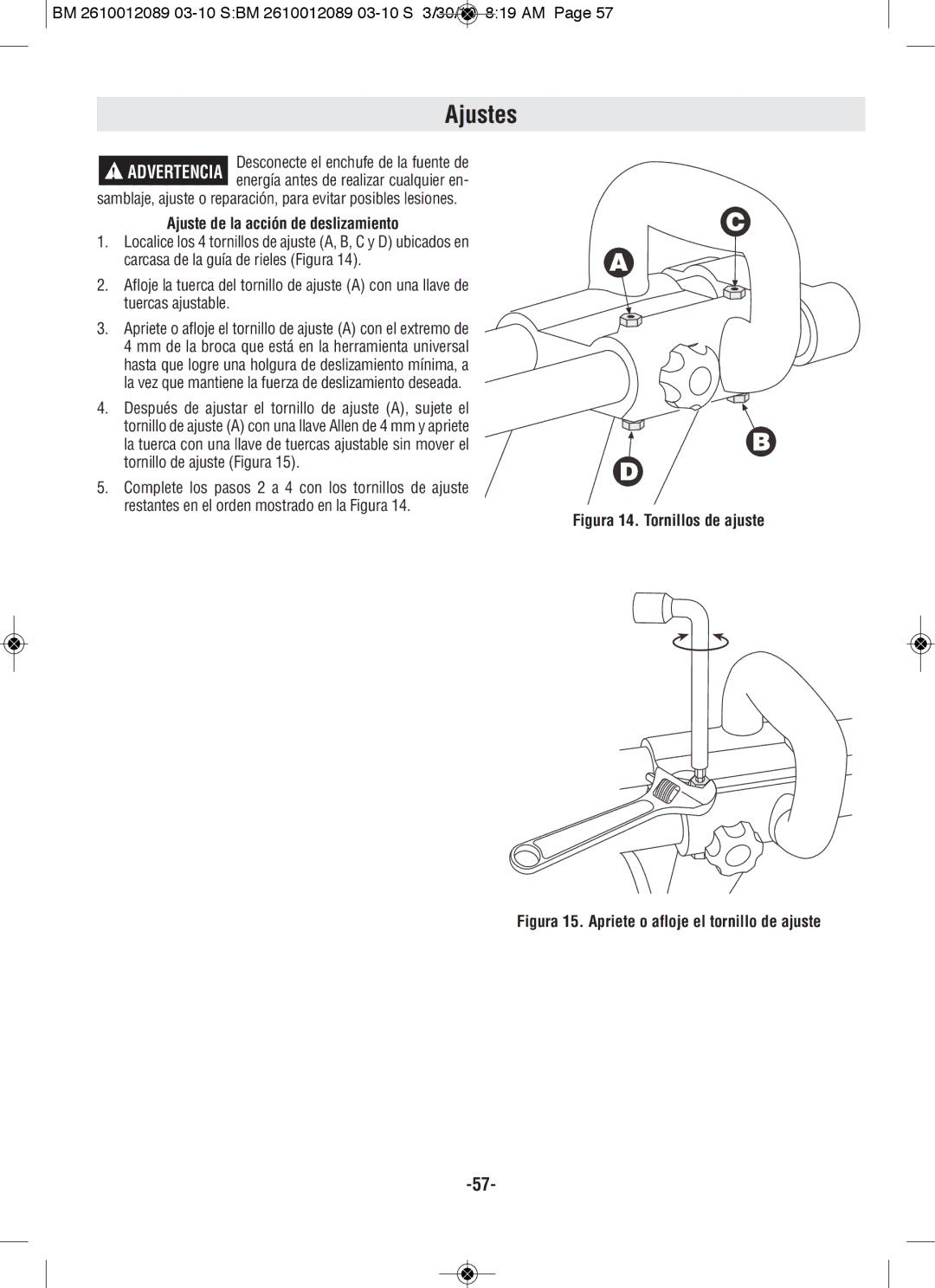 Bosch Power Tools 4310, 4410 manual Ajuste de la acción de deslizamiento, Figura 14. Tornillos de ajuste 