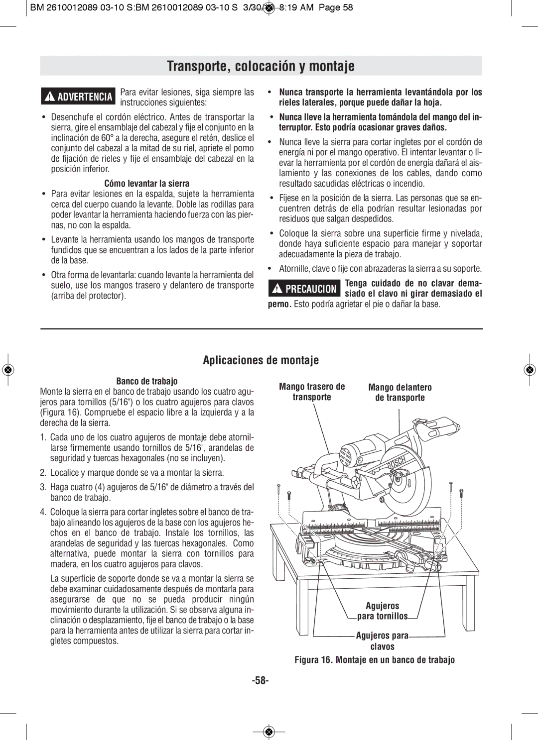 Bosch Power Tools 4410, 4310 manual Transporte, colocación y montaje, Aplicaciones de montaje, Cómo levantar la sierra 