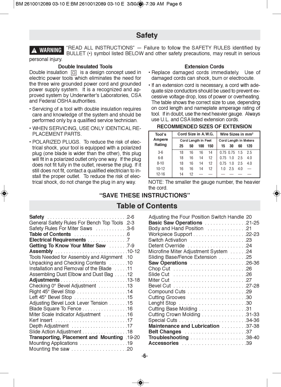 Bosch Power Tools 4410, 4310 manual Table of Contents 