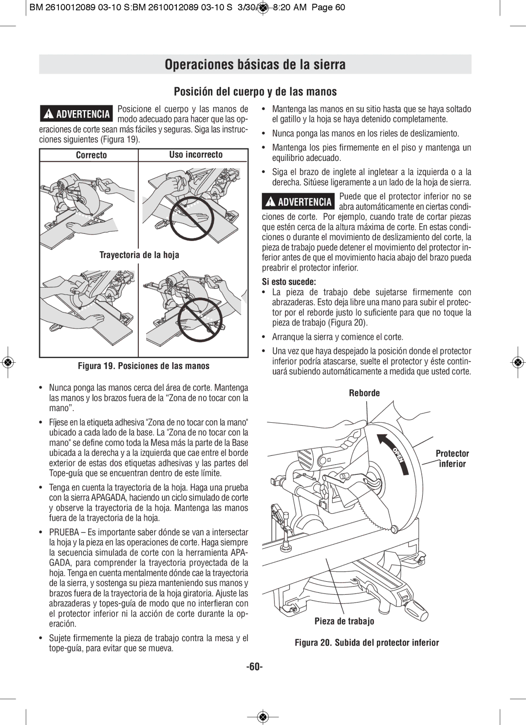 Bosch Power Tools 4410, 4310 manual Operaciones básicas de la sierra, Posición del cuerpo y de las manos 