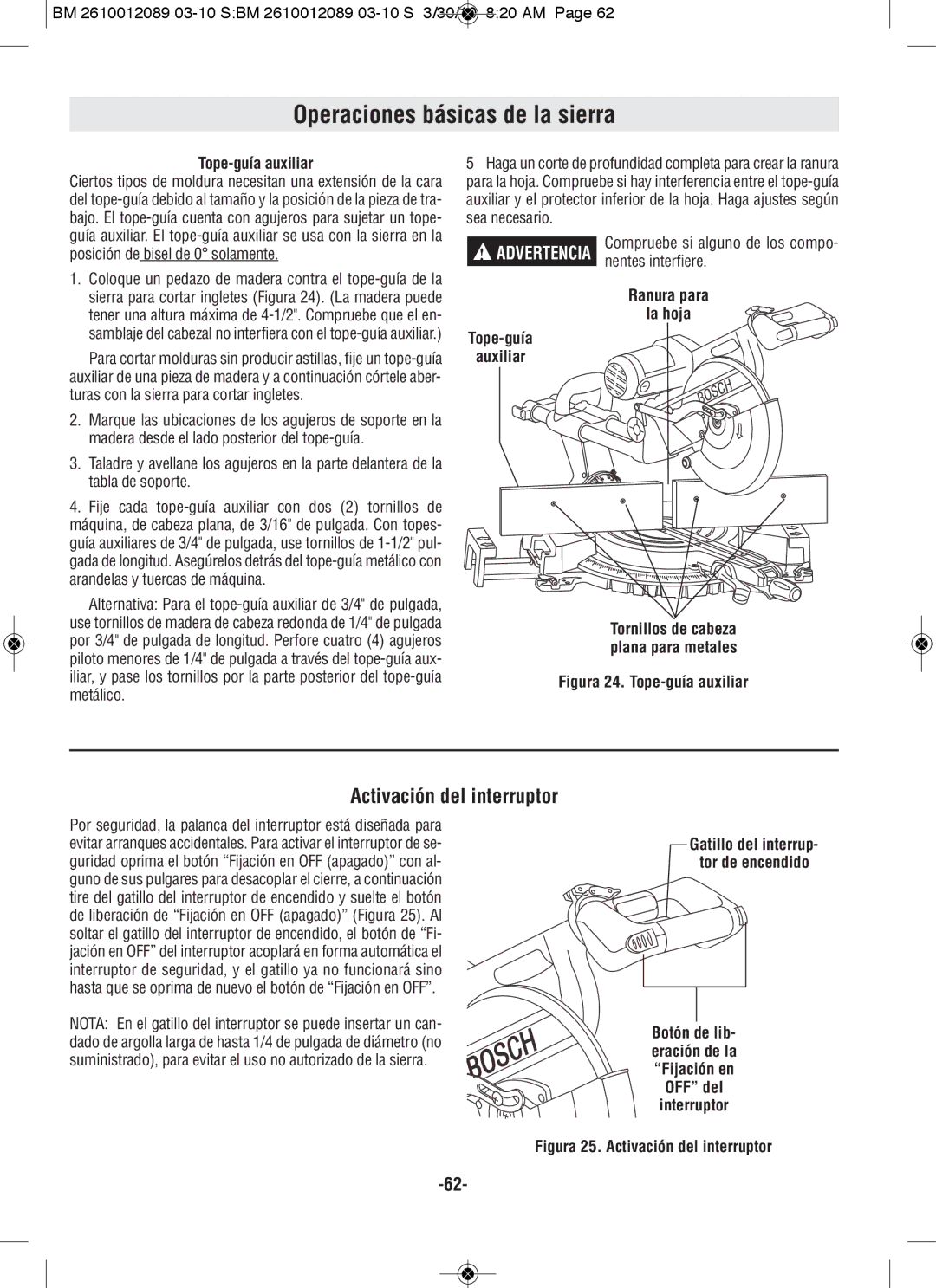 Bosch Power Tools 4410, 4310 manual Activación del interruptor, Tope-guía auxiliar, Posición de bisel de 0 solamente 