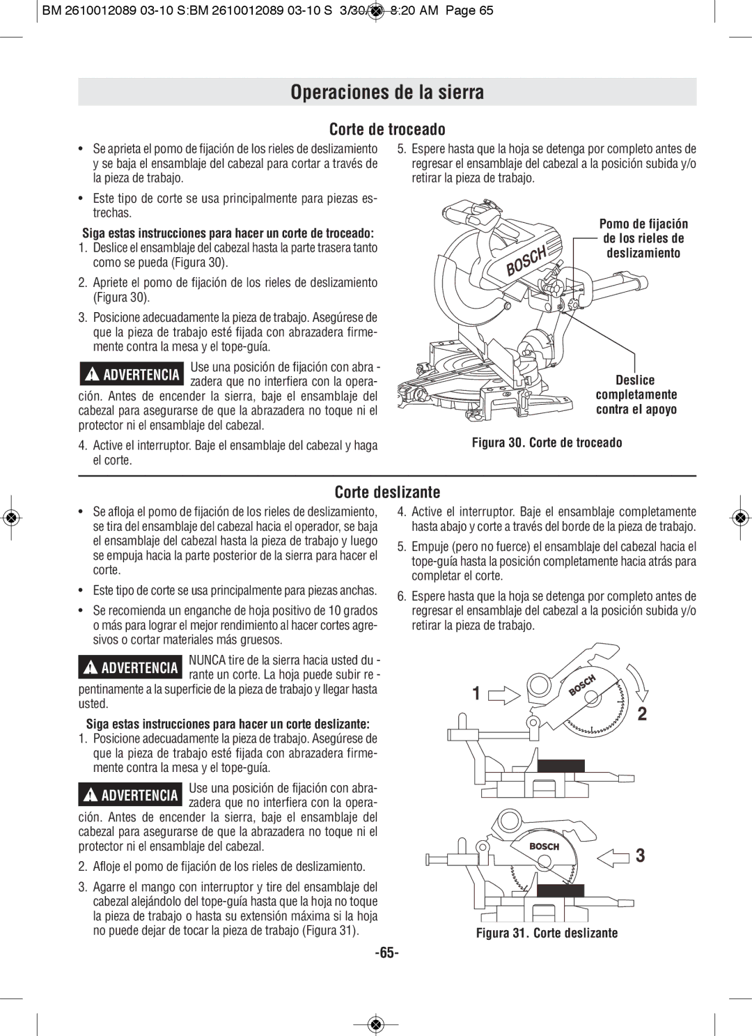 Bosch Power Tools 4310, 4410 manual Operaciones de la sierra, Corte de troceado, Corte deslizante 