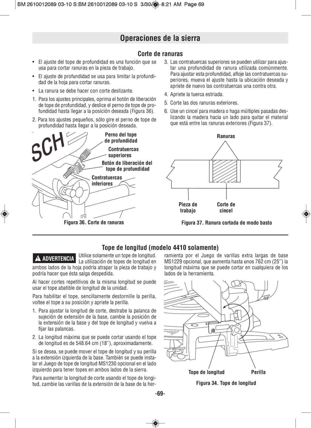 Bosch Power Tools 4310 manual Corte de ranuras, Tope de longitud modelo 4410 solamente, Ranuras 