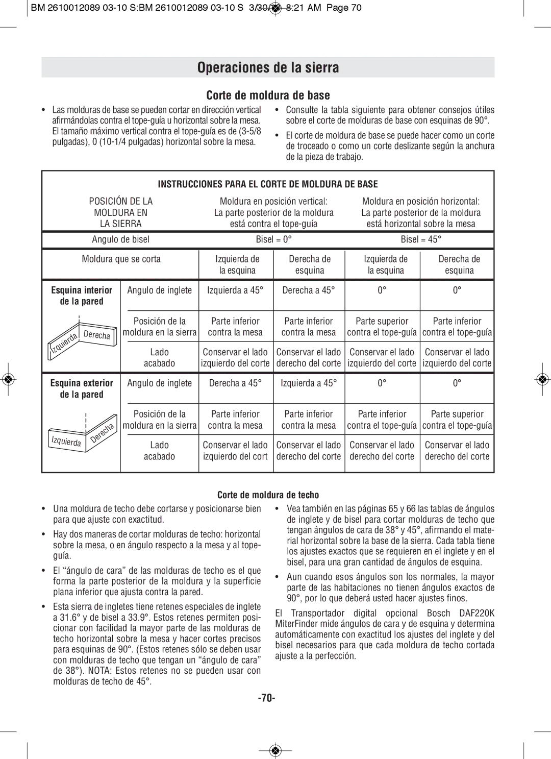 Bosch Power Tools 4410, 4310 manual Corte de moldura de base, De la pared, Corte de moldura de techo 