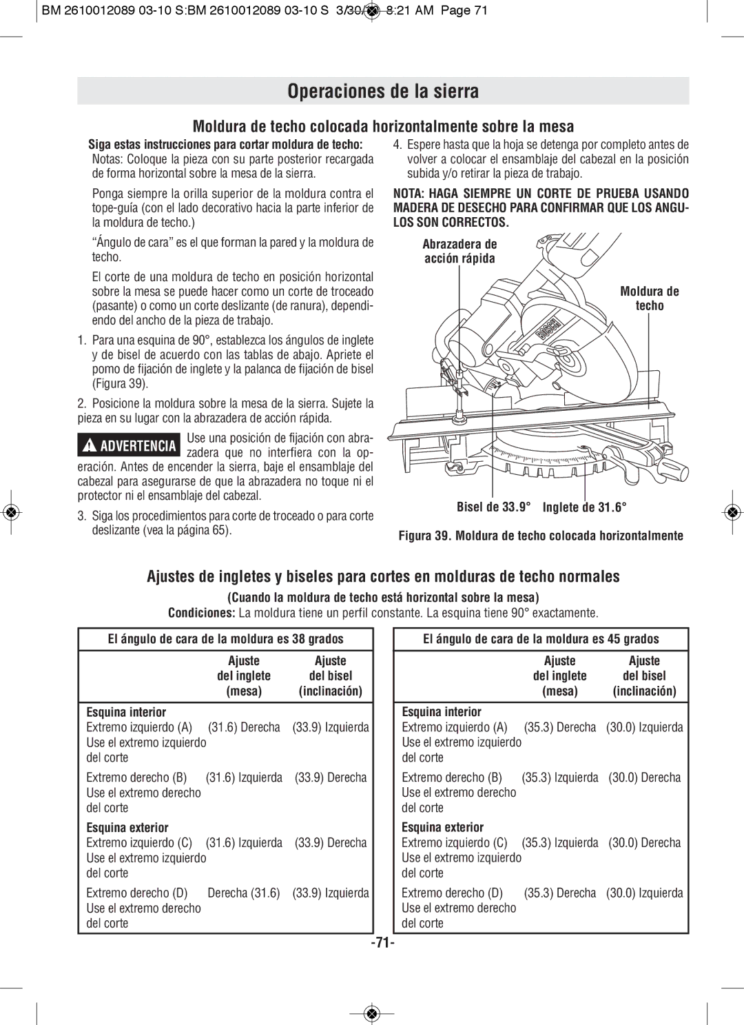 Bosch Power Tools 4310, 4410 manual Moldura de techo colocada horizontalmente sobre la mesa 