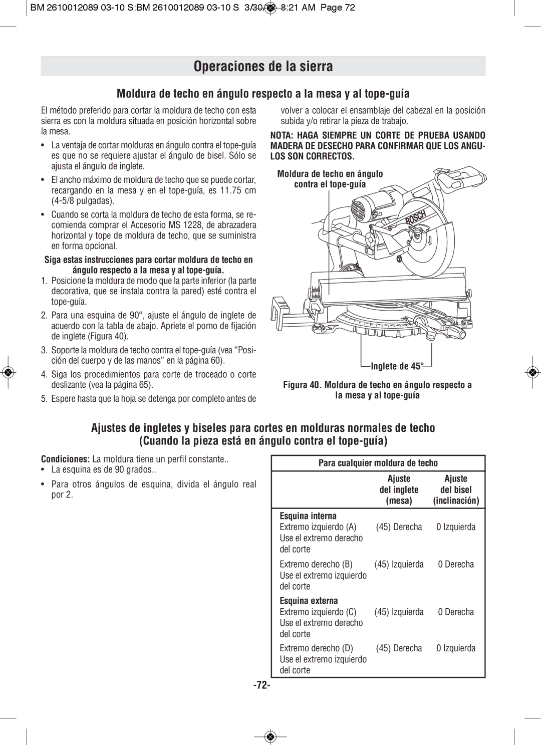 Bosch Power Tools 4410 Ángulo respecto a la mesa y al tope-guía, Moldura de techo en ángulo Contra el tope-guía Inglete de 