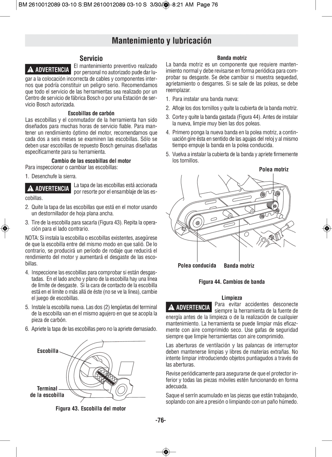 Bosch Power Tools 4410, 4310 manual Mantenimiento y lubricación, Servicio, Escobillas de carbón 